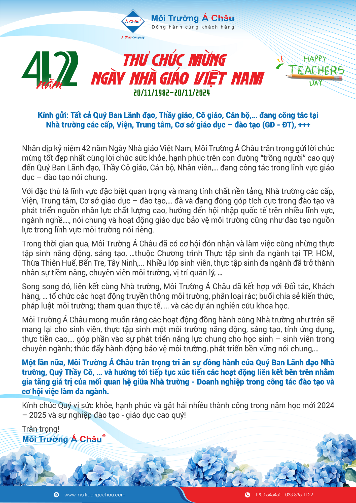 thư chúc mừng ngày nhà giáo việt nam