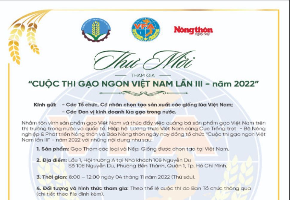 Thông báo về việc "Mời tham gia Cuộc thi gạo Ngon Việt Nam lần thứ III - năm 2022"